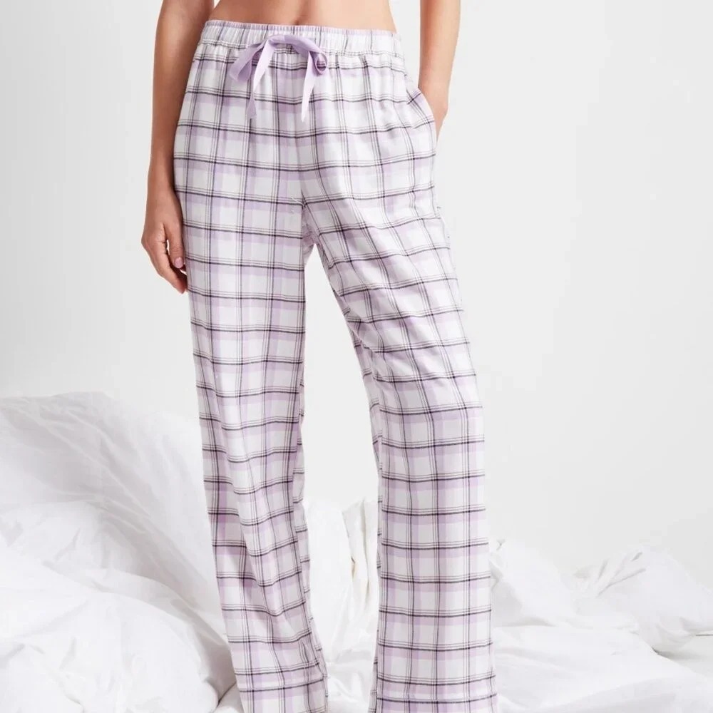 State of Day Womens Large Flannel Plaid Drawstring Pajama Pants in Purple 241